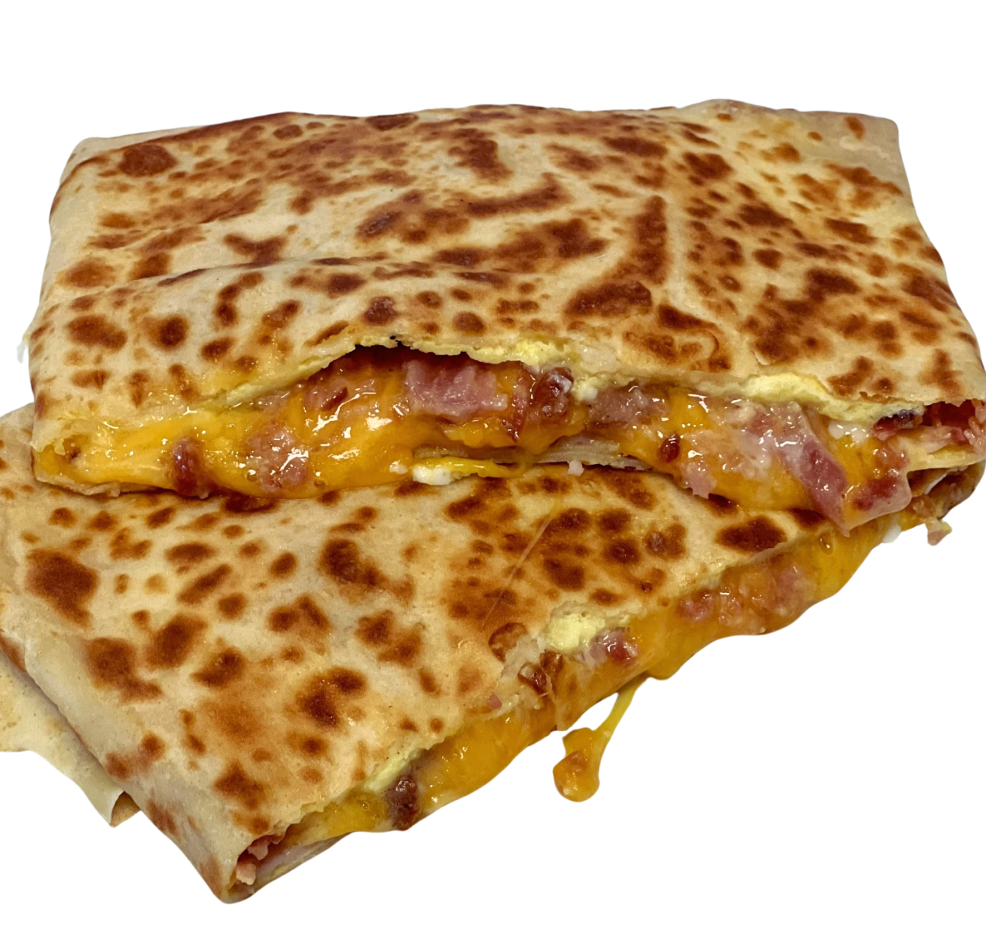 Bonjour Crepe filled with eggs, melted cheddar, bacon and eggs in a golden crepe.