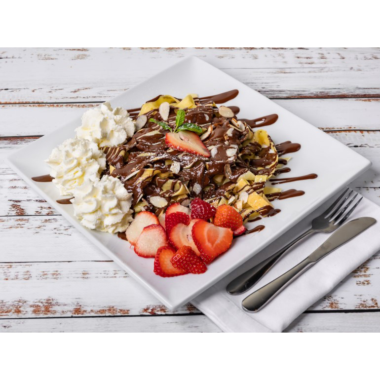 Two crepes sliced into thin ribbons, drizzled Chocolate Sauce, topped with crunchy almonds and whipped cream. exciting? Desserts Delivery Orange County