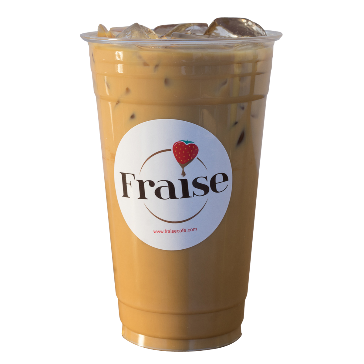 Golden Brown Cafe Latte in a Fraise Cafe with ice cubes in the drink.