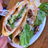 Chicken Florentine - A beautifully balanced combination of juicy roasted chicken breast, melted Swiss, mushrooms, spinach, snappy red onions and our housemade dill & chives sauce. This is one flavorful crepe à la Florentine.