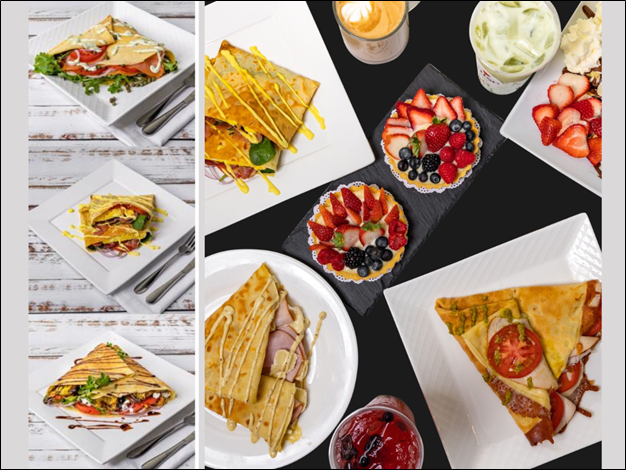 Crepes, Fruit Tarts, Matcha Drink, Cafe Latte, Lemonade on a black table