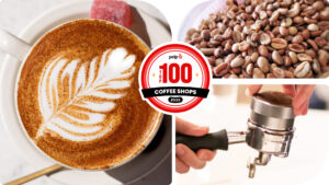 Yelp America Top 100 Coffee Shop. Latte Cup with art, coffee beans, a Hand pulling Espresso shot