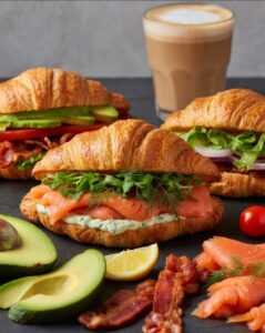 Appetizing three croissant sandwiches surrounded and a coffee in the background, cut avocados, bacon slices, tomatoes.