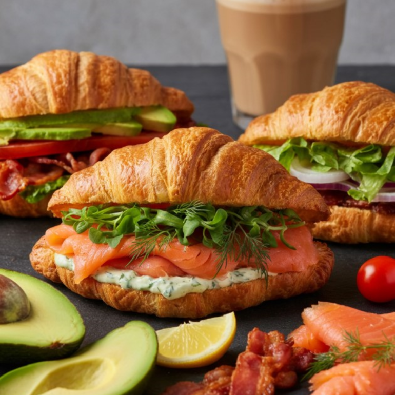 Croissant Sandwiches set on a table with a cup of coffee in the background and food ingredients int he front.